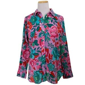 Talbots Floral Colorful Button Front Shirt Womens S Long Sleeve Lightweight Pink